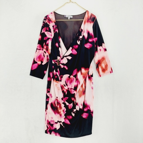 Jennifer Lopez Dresses & Skirts - Jennifer Lopez Black Pink Floral Fold Over 3/4 Sleeve Midi Dress P6386